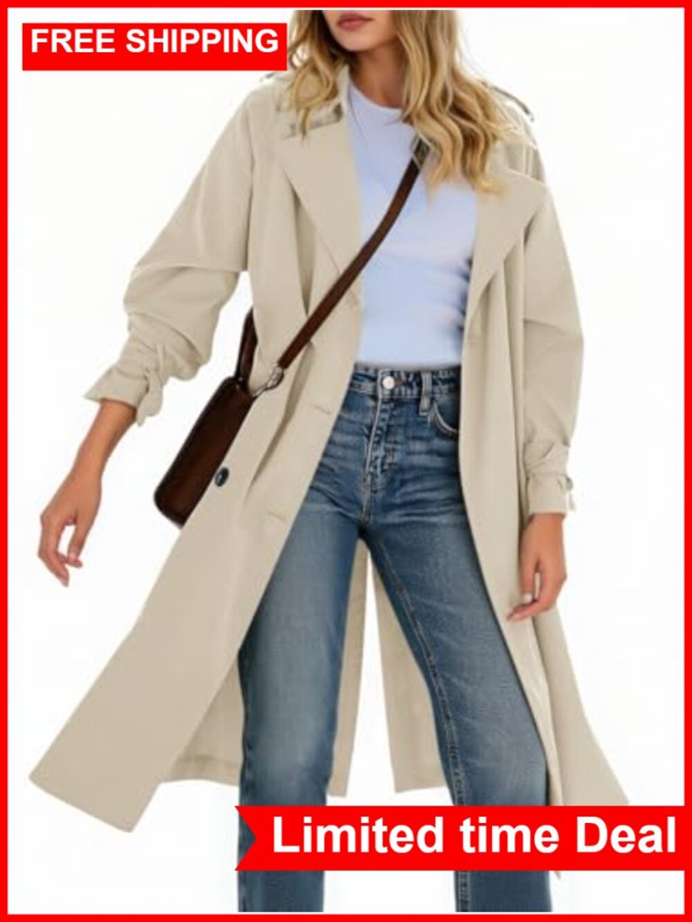 Womens Long Trench Coat Double Breasted Notch Lapel Overcoat